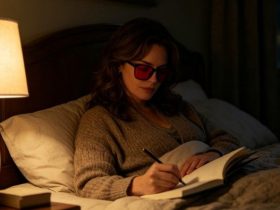 A woman propped up in bed, writing in her journal while wearing a pair of Night Ease™™ Rounded Square Red Tinted Glasses.