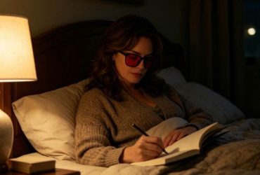 A woman propped up in bed, writing in her journal while wearing a pair of Night Ease™™ Rounded Square Red Tinted Glasses.