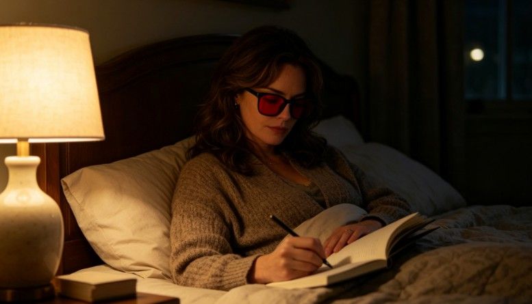 A woman propped up in bed, writing in her journal while wearing a pair of Night Ease™™ Rounded Square Red Tinted Glasses.
