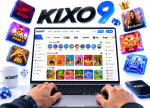 User navigating the KIXO9 online casino platform on a laptop surrounded by floating game badges, dice, chips, and a smartphone.