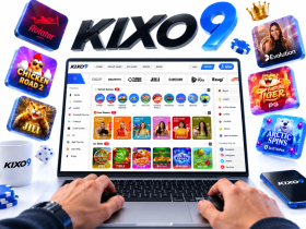 User navigating the KIXO9 online casino platform on a laptop surrounded by floating game badges, dice, chips, and a smartphone.