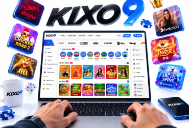 User navigating the KIXO9 online casino platform on a laptop surrounded by floating game badges, dice, chips, and a smartphone.